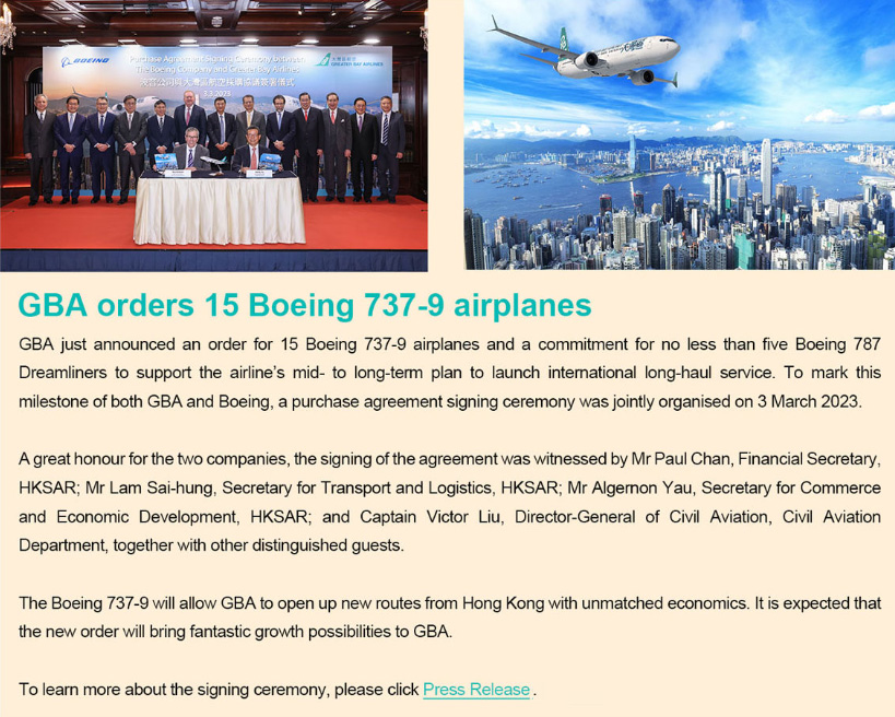 Greater Bay Airlines announces order for 15 737-9 airplanes