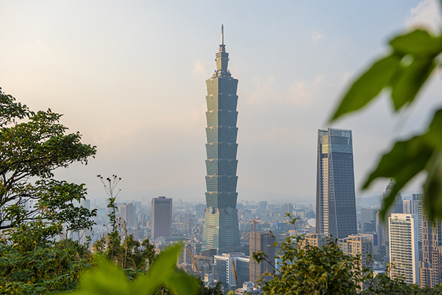 Taipei, Taiwan - January  25, 2019: skyline of taipei city with 101 tower at sunset 